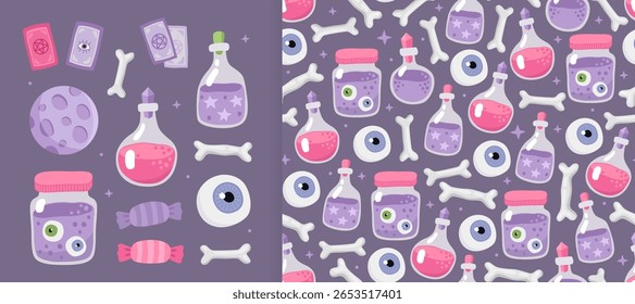 Coleção de elementos mágicos assustadores de Halloween e padrão sem emenda. Lua, poções de bruxa, venenos, olhos, ossos e balas no fundo roxo. Design para embrulhar papel, têxtil.