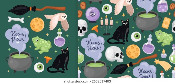 Collection of magical spooky Halloween elements and seamless pattern. Witch's cauldron, broom, black cat, owl, frog, moon, potion, skull on green background. Design for wrapping paper, textile.