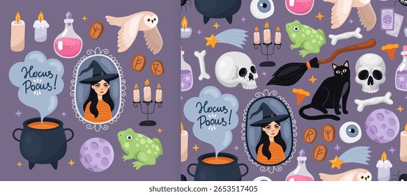 Coleção de elementos mágicos assustadores de Halloween e padrão sem emenda. Bruxa, caldeirão, vela, coruja, sapo, lua, runas, vassoura. Design para embrulhar papel, têxtil.