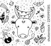 Collection of Magical Symbols Vector Set. Feathers, Amulet and Taurus with Crescent. Coloring Book Pages
