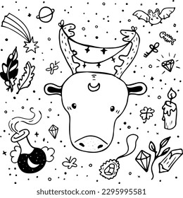 Collection of Magical Symbols Vector Set. Feathers, Amulet and Taurus with Crescent. Coloring Book Pages