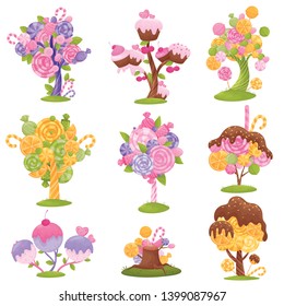 collection of magical trees and bushes with candy, lollipops and ice cream on the branches. Vector illustration on white background.