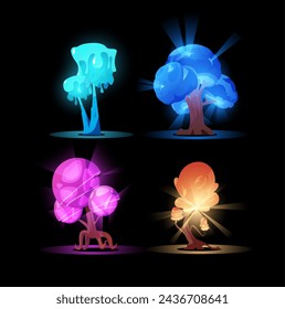 Collection of magical trees. Vector set of strange trees with glowing multicolored leaves on a completely black background for creative use in design. Ideal for magical themes.