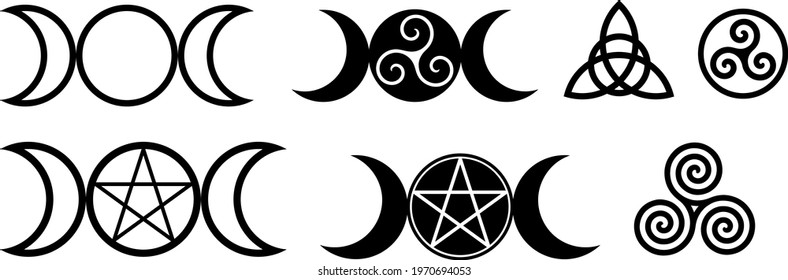 Collection of magical wiccan and pagan symbols: pentagram, triple moon, spiral, wheel of the year