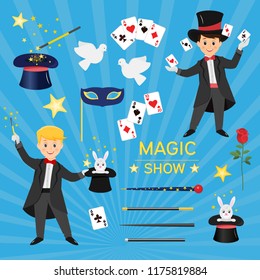 Collection of magician attributes.Isolated on blue background. Cartoon style. Vector illustration