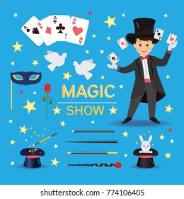 Collection of magician attributes.Isolated on blue background. Cartoon style. Vector illustration