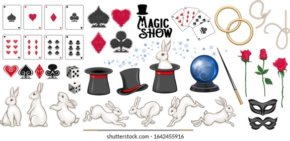 Collection of magician for performance. Rabbits, hats, ropes, roses and other elements. Clip art, set of elements for design. Vector illustration..