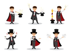 Collection Of Magicians.Magicians With Doves, Playing Cards, Magic Winds And Hats.Isolated On White Background. Cartoon Style. Vector Illustration