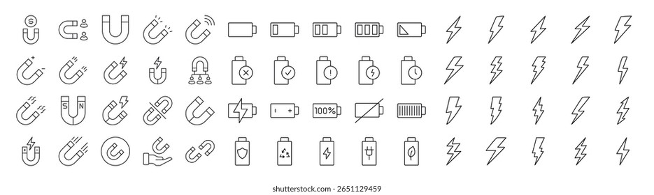 Coleção de Ímã, Bateria, Relâmpago Ícones de Linha Relacionados. Outline Signs para Gráficos e Web Design, Apps, Anúncios, Vários Cartões 