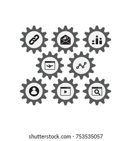 Collection Of Magnifier, Airplane, Site And Other Elements.  Set Of 8 Search Icons Set. 