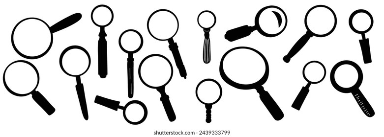 Collection of magnifying glass in doodle style. Hand drawn vector art.