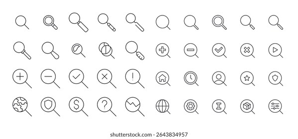 Coleção de ícones de linha relacionados à lente de aumento. Outline Signs para Gráficos e Web Design, Apps, Anúncios, Vários Cartões 