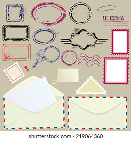 Collection of mail design elements - blank postmarks, stamps and envelopes - postage set.