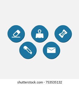 Collection Of Mail, Supplies, Rubber And Other Elements.  Set Of 5 Tools Icons Set. 