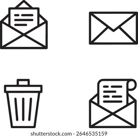 Collection of Mail and Waste Icons Representing Communication, Correspondence, and Recycling, Clean Design, Modern Simplicity and Minimalist Graphics