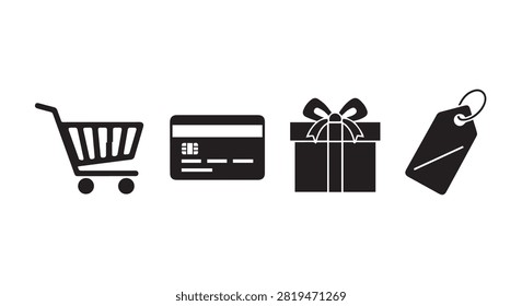 Collection of main subject icons featuring shopping cart credit card gift box and price tag