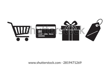 Collection of main subject icons featuring shopping cart credit card gift box and price tag
