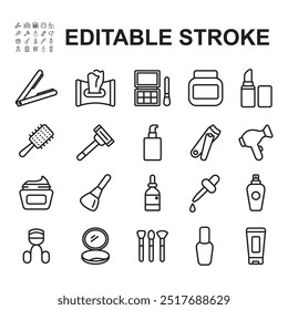 Collection of make up and beauty icons. Thin line style vector. Contains icons such as make-up tools, perfume, hair dryer and others.