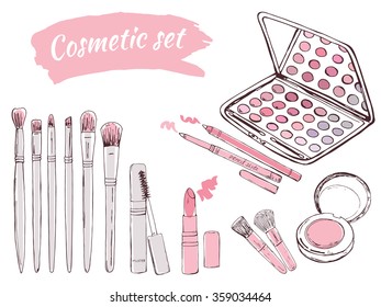 Collection of make up and cosmetics, drawn by hand. Vector illustration.