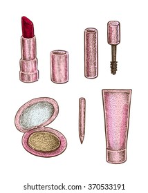 Collection of make up treatment objects. Vector hand drawn colorful illustration