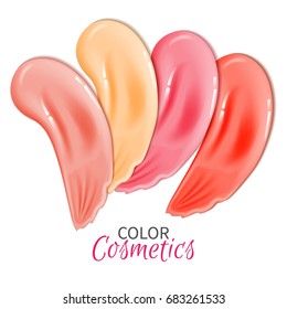 Collection of makeup cosmetic liquid foundation strokes on white.Vector Illustration of Color Shades Palette of smears lipstick for Make Up.