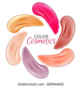 Collection of makeup cosmetic liquid foundation strokes on white.Vector Illustration of Color Shades Palette of smears lipstick for Make Up.