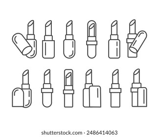 Collection makeup and cosmetics. Beauty linear vector graphic icons in the form of lipstick with lip care cap.