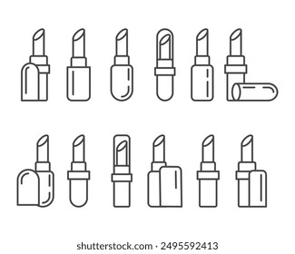 Collection makeup and cosmetics. Beauty linear vector graphic icons in the form of lipstick with lip care cap.