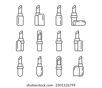 Collection makeup and cosmetics. Beauty linear vector graphic icons in the form of lipstick with lip care cap.