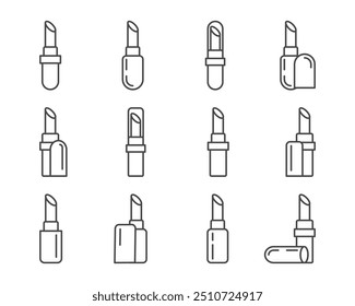 Coleta de maquiagem e cosméticos. Ícones gráficos vetoriais lineares de beleza na forma de batom com tampa de proteção labial.