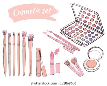 Collection of make-up and cosmetics, painted by hand. Fashion background vector cosmetics.