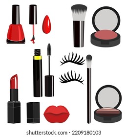 Collection of makeup cosmetics,lipstick,nail polish,brushes,blush,mascara,eyelashes, shadows isolated on a white background.Vector set for cosmetic designs,textiles, postcards.