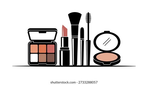 A collection of makeup items including an eyeshadow palette, lipstick, mascara, and powder compact, presented in a clean, graphic style.