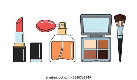 Uma coleção de itens de maquiagem, incluindo pó de fundação de perfume de batom e uma escova de maquiagem exibida em conjunto em um fundo branco