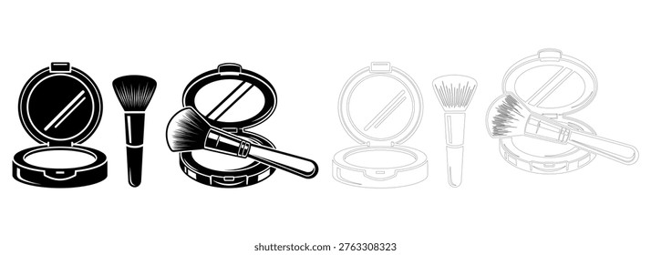 A collection of makeup powder compact cases and brushes depicted in black and white line art.