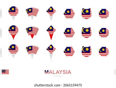 Collection of the Malaysia flag in different shapes and with three different effects. Vector flag set.