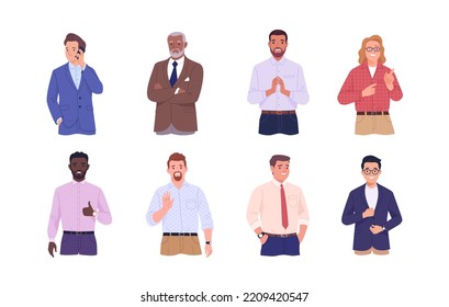 Collection of male avatars of businessmen and office employees. Close-up vector cartoon illustration of men of different ages and ethnicities in office outfits. Isolated on white background