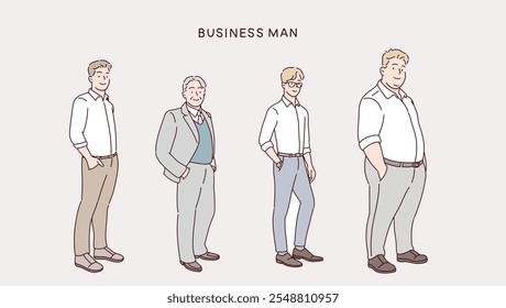 Coleção de avatares masculinos de homens de negócios e empregados de escritório. Ilustrações de design de vetor de estilo desenhado à mão.