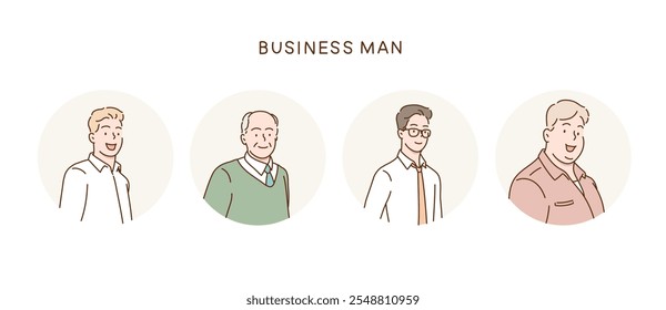 Coleção de avatares masculinos de homens de negócios e empregados de escritório. Ilustrações de design de vetor de estilo desenhado à mão.