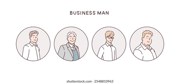 Coleção de avatares masculinos de homens de negócios e empregados de escritório. Ilustrações de design de vetor de estilo desenhado à mão.