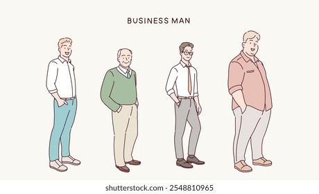 Coleção de avatares masculinos de homens de negócios e empregados de escritório. Ilustrações de design de vetor de estilo desenhado à mão.