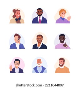 Colección de avatares masculinos. Dibujo vectorial de retratos de hombres de negocios y empleados de oficina sonrientes de diferentes edades y etnias. Aislado sobre blanco