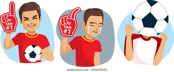 Colección de personajes masculinos en varias poses celebrando la victoria en el fútbol y llorando por perder. Espectador de fútbol obsesionado con el fútbol