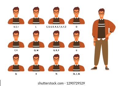 Collection of male character s lips or mouth positions for various sounds. Animation set of young man or boy speaking or pronouncing English letters. Colored vector illustration in flat cartoon style.