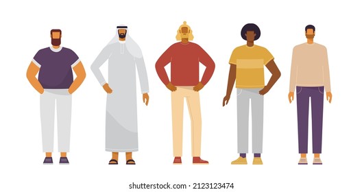 Collection of male characters. Young men in casual clothes. Multinational group of people: African American, Arab, European. Vector illustration, isolated on white background. 