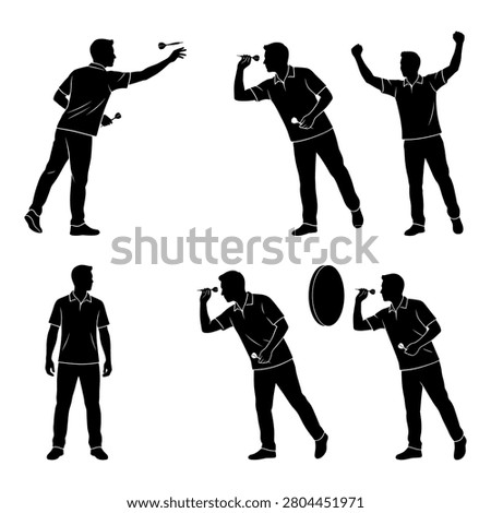 Collection of male darts player silhouettes showing various throwing techniques and victory poses.