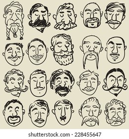 Collection of male faces with different kind of mustache.