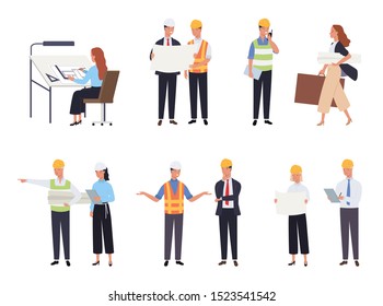 Collection of male and female architects and construction engineers. Profession, occupation or job set. Vector illustration in a flat style