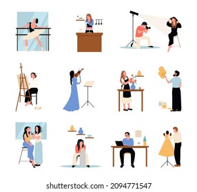 Collection of male and female art, handicraft and creative workers or professionals. Creative occupation set. Designer and artist at work, dancer