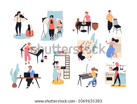 Collection of male and female art, handicraft and creative workers or professionals. Set of people of various occupation isolated on white background. Vector illustration in flat cartoon style.